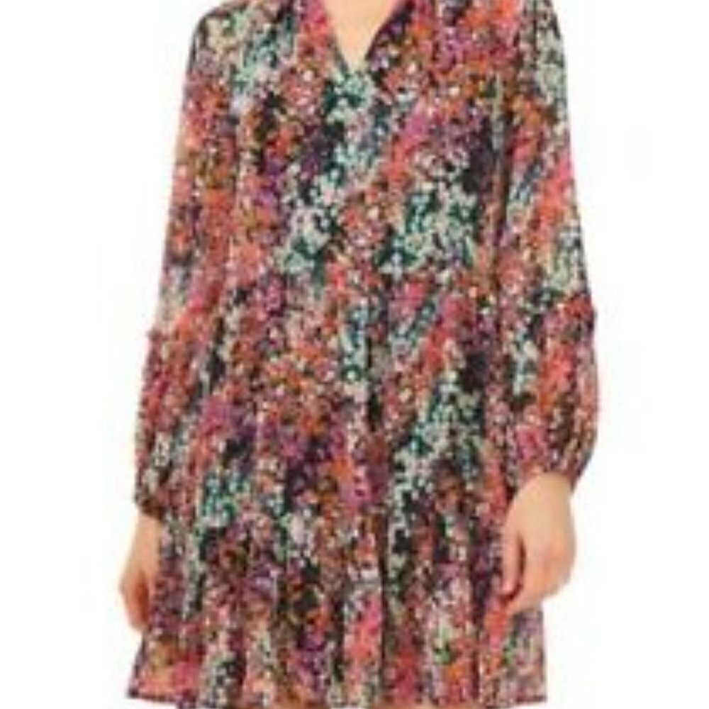 Vince Camuto Black Floral Mini Dress with Pink, Orange & Green Accents - Picture 2 of 5